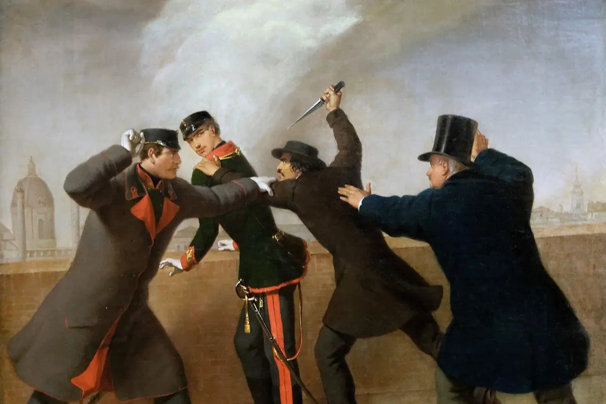 An 1853 painting of the attack on Emperor Franz Joseph: four men struggle in the foreground, one raising a knife, against a hazy city skyline